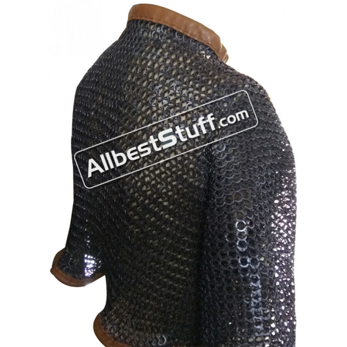 Medievals Fancy Dress ALuminum flat riveted front open chainmail vest with  leather trimming Anodised-x Small