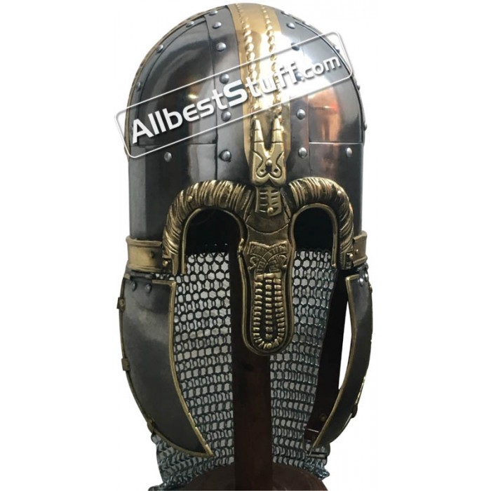 Brass Metal Saxon Antique Armor Helmet on White Background Stock